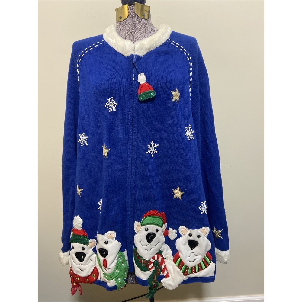 LIZ &‎ ME CHRISTMAS SWEATER Size 1X 18/20 Polar Bear Beaded Womens Faux Fur Trim